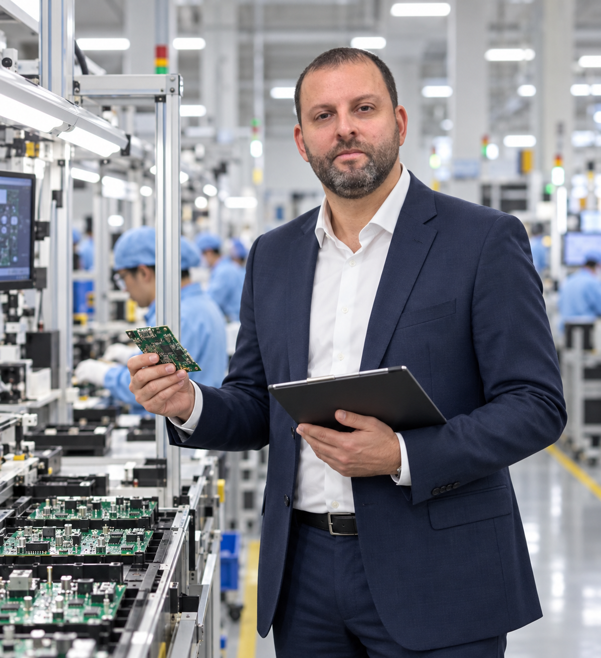 Klaus Martins inspecionando componentes em uma fábrica de eletrônicos na China